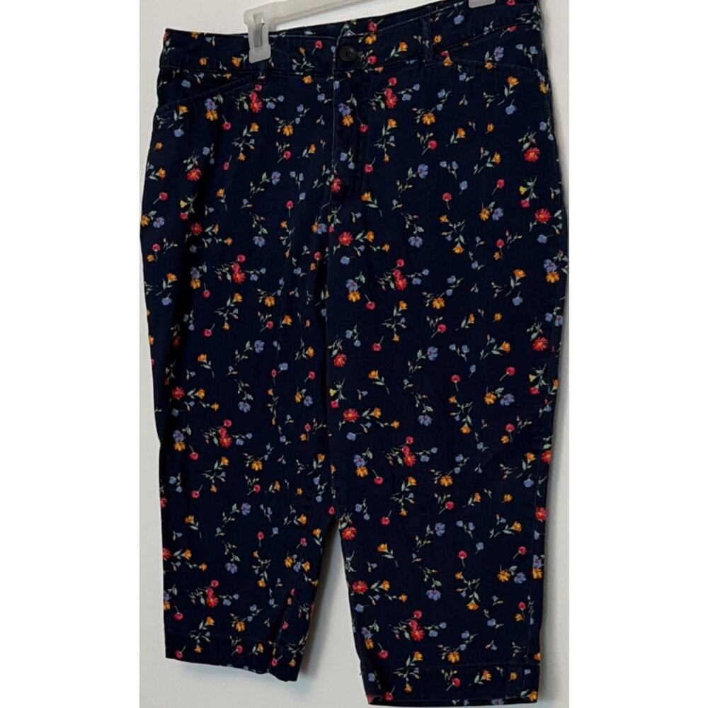 Floral Capri Flat Front Pants Women's Button Zip Casual